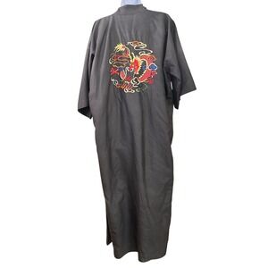 Vintage 70s 80s Silk Dragon Robe Kimono Black Hand Embroidered Long Duster Sz M